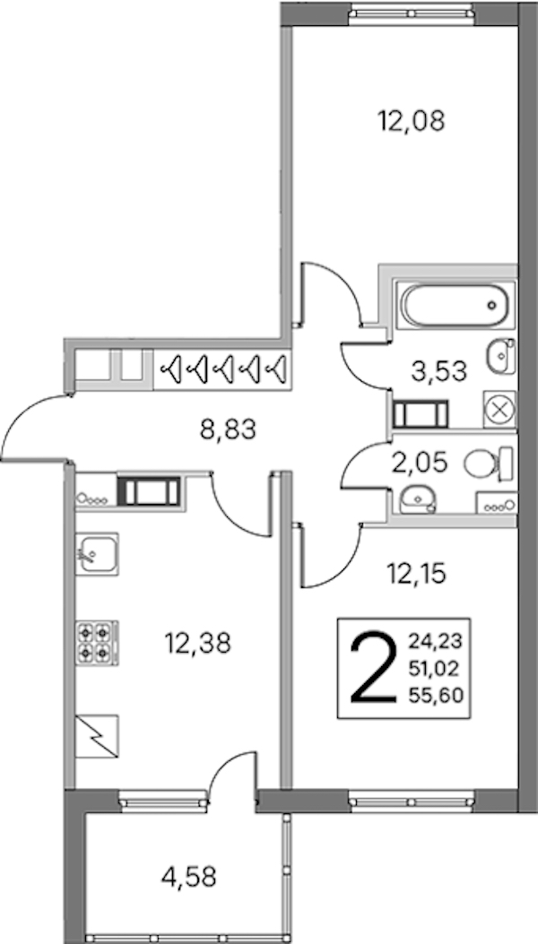 2-комнатная квартира 51.02 м², 5/5 эт., ЖК «ЮгТаун. Олимпийские кварталы»